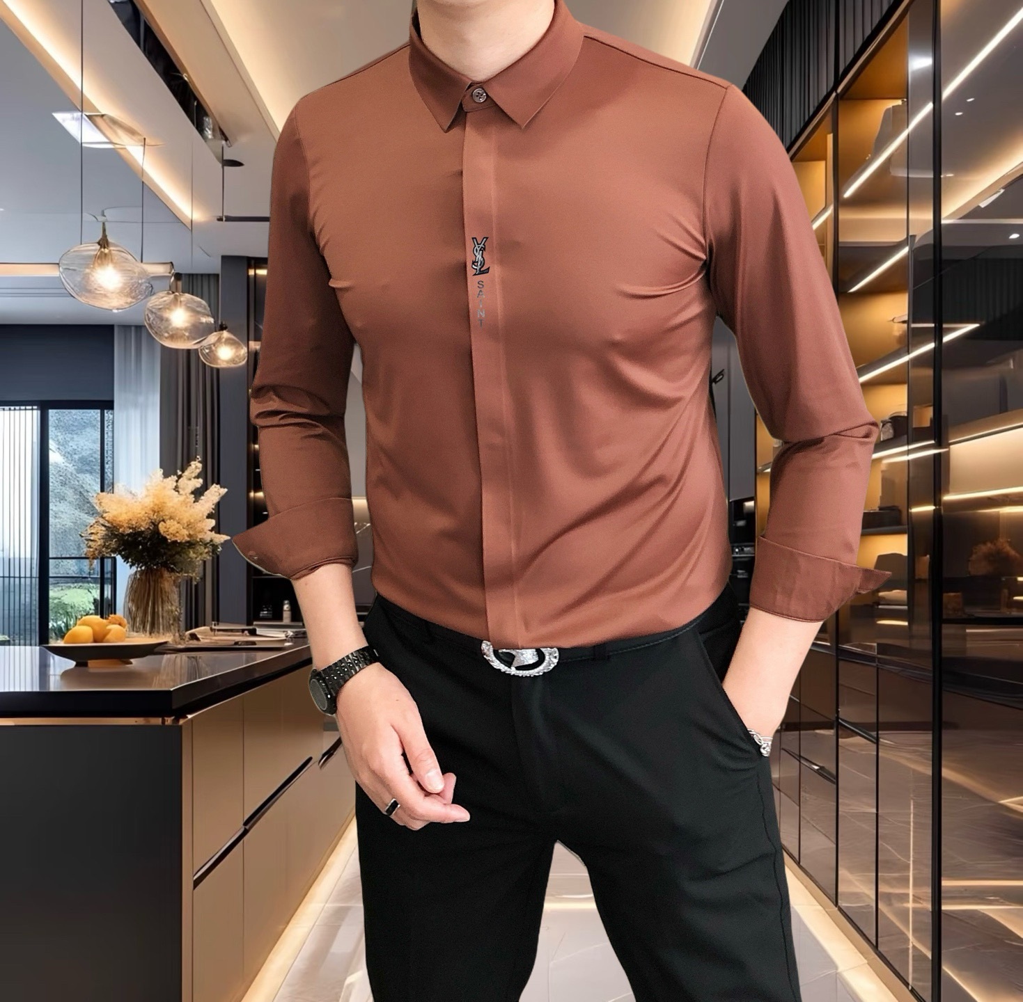 Luxurious Platinum Class Men’s Fashion Shirt with Italian Silk, Stylish and Sophisticated Design - 图片 1