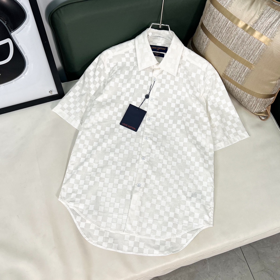 Louis Vuitton Kleding Overhemden Nep van topkwaliteit
 Afdrukken Unisex Mannen Katoen Popeline stof Korte mouw
