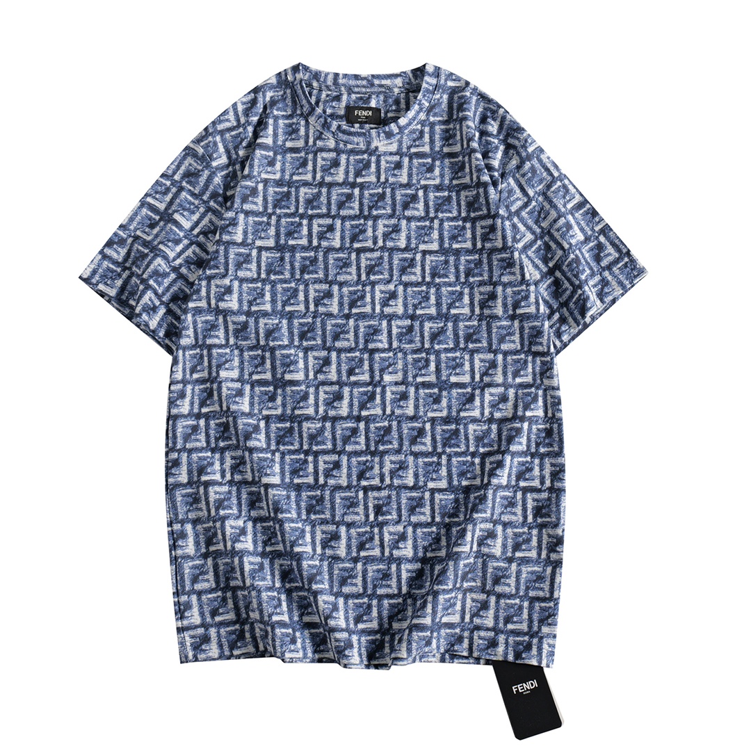 Fendi Clothing T-Shirt Sale Outlet Online
 Blue Doodle Printing Combed Cotton Summer Collection Short Sleeve