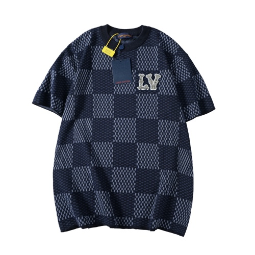 Louis Vuitton 2024 Checkerboard Knitted Short Sleeve T-Shirt in Blue 1 Louis Vuitton 2024 Checkerboard Knitted Short Sleeve T-Shirt in Blue