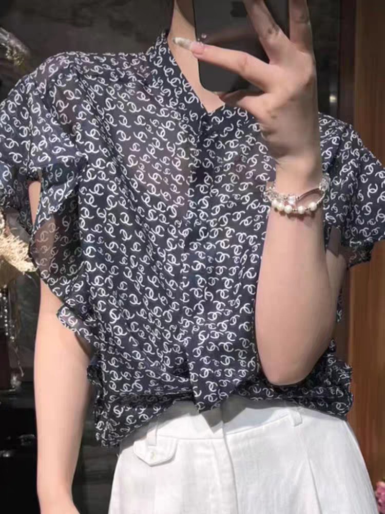 Elegant Chanel Print Silk Chiffon Blouse with Flutter Sleeves - S to XL