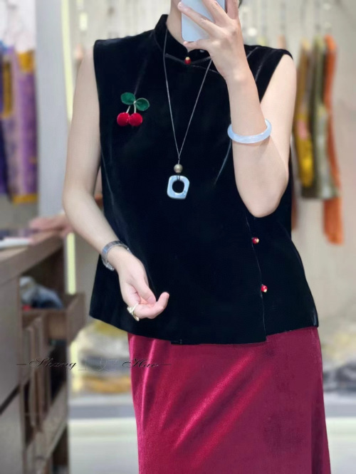 Silk Velvet Vest with Cherry Detail, Elegant Sleeveless Top 1 Silk Velvet Vest with Cherry Detail, Elegant Sleeveless Top