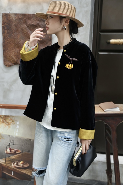 Handmade Silk Velvet Quilted Jacket, Floral Detail, S-XL Sizes Available 1 Handmade Silk Velvet Quilted Jacket, Floral Detail, S-XL Sizes Available
