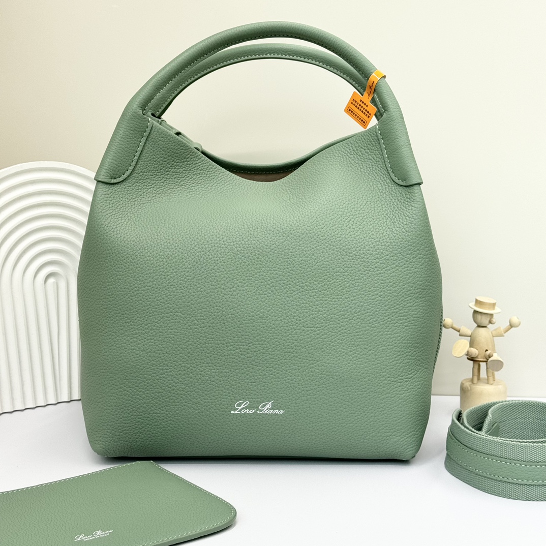 Loro Piana Bucket Bags Green Silver Calfskin Cotton Cowhide Vintage