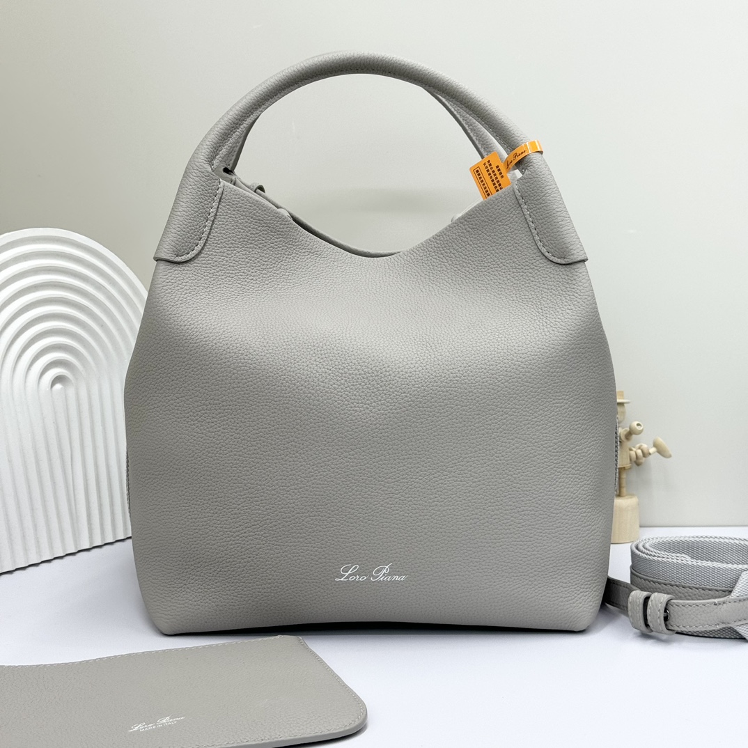 Loro Piana Bucket Bags Grey Silver Stone Gray Calfskin Cotton Cowhide Vintage