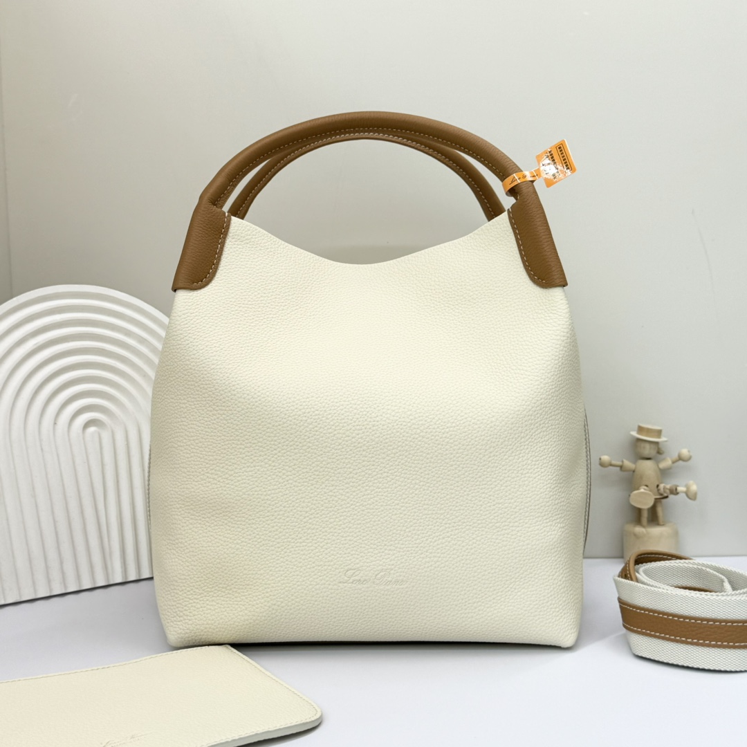 Loro Piana Bucket Bags Brown White Sewing Cotton