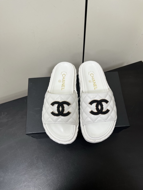 Chanel CC Logo Quilted Leather Platform Slides Sandals White 1 Chanel CC Logo Quilted Leather Platform Slides Sandals White
