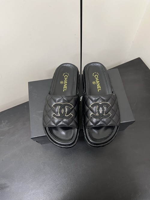 Chanel CC Logo Quilted Black Leather Platform Slides Sandals for Women 1 Chanel CC Logo Quilted Black Leather Platform Slides Sandals for Women