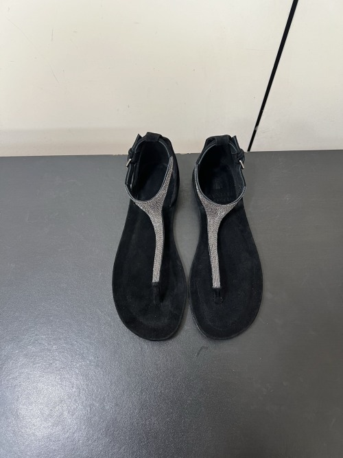 Brunello Cucinelli Women's Black Suede Thong Sandals with Embellished Straps 1 Brunello Cucinelli Women's Black Suede Thong Sandals with Embellished Straps
