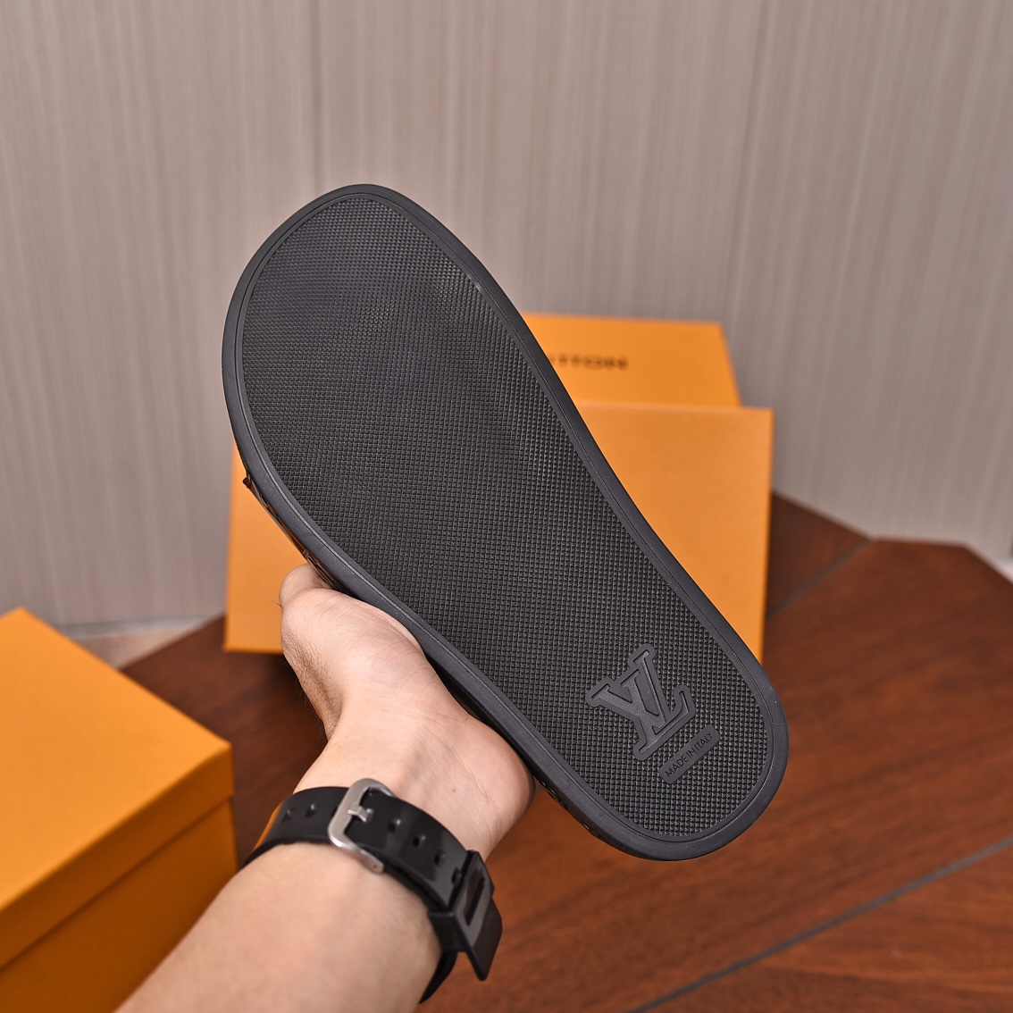 Louis Vuitton Men's Black Embossed Rubber Slide Sandals Size 35-46 8 i1698211526 7024 6