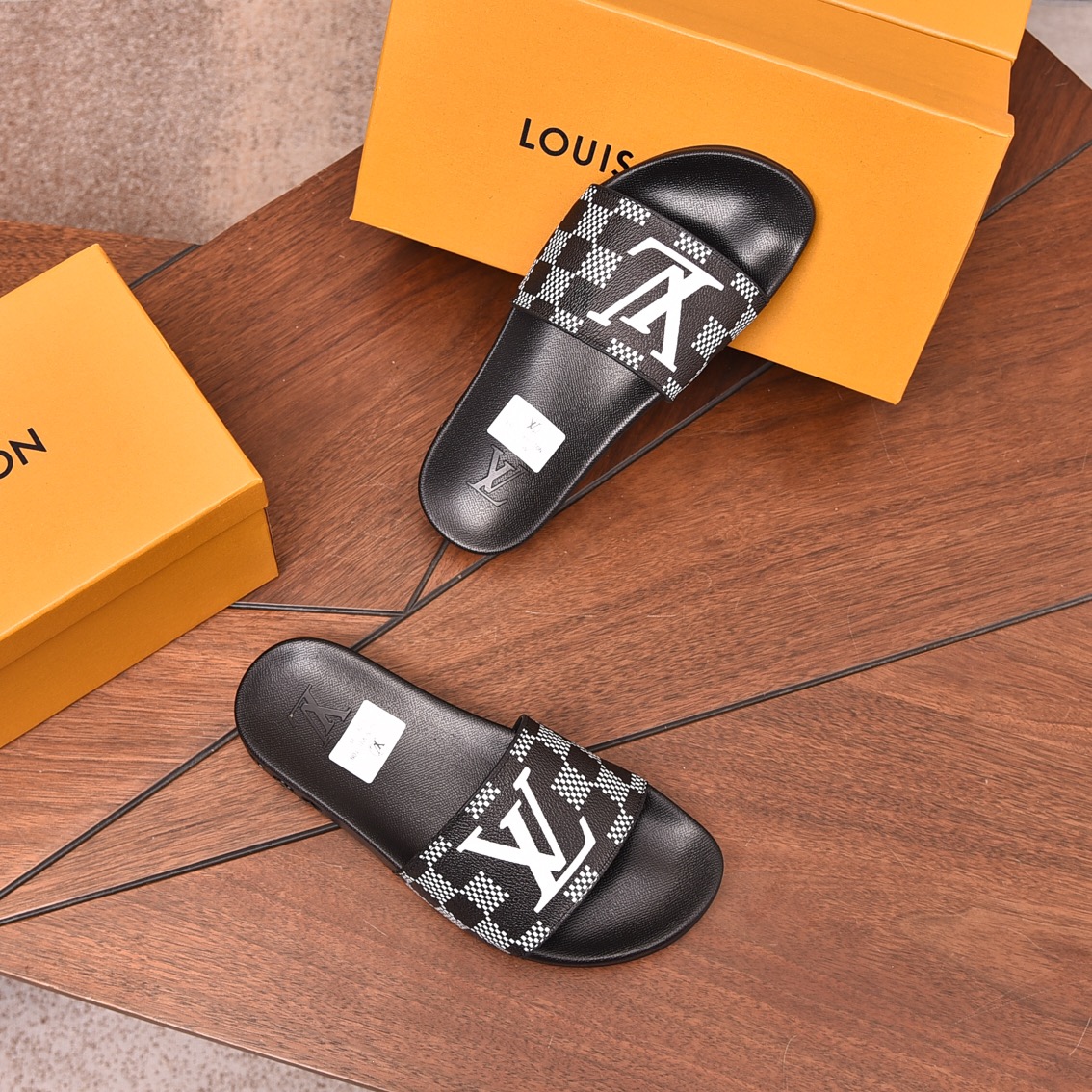 Louis Vuitton Men's Black & White Checkered Slides Sandals, Sizes 35-46 1 Louis Vuitton Men's Black & White Checkered Slides Sandals, Sizes 35-46