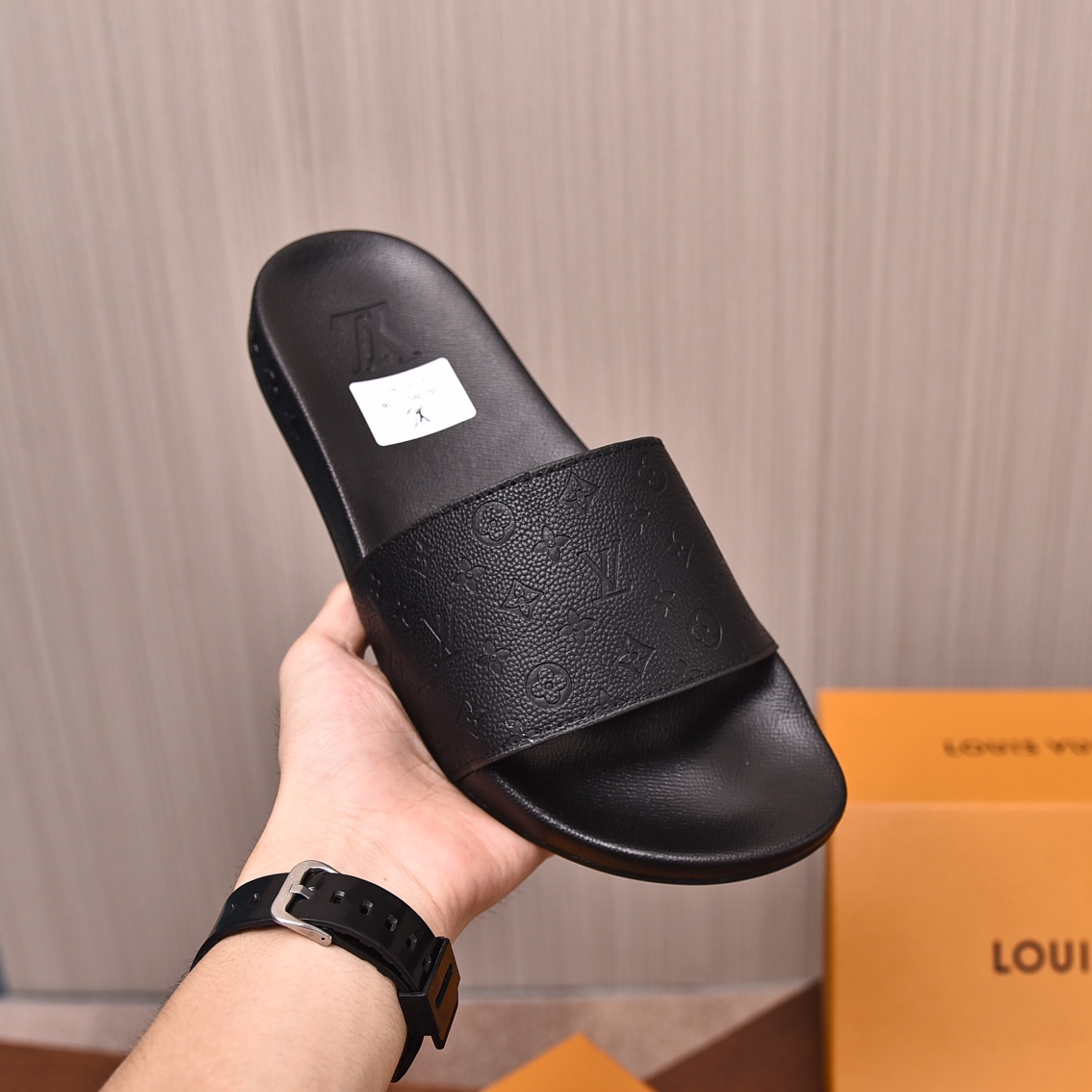 Louis Vuitton Men's Black Embossed Leather Comfort Slide Sandals 8 i1708099291 3612 2