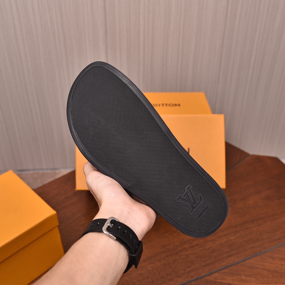 Louis Vuitton Men's Black Embossed Leather Comfort Slide Sandals 7 i1708099291 4226 5