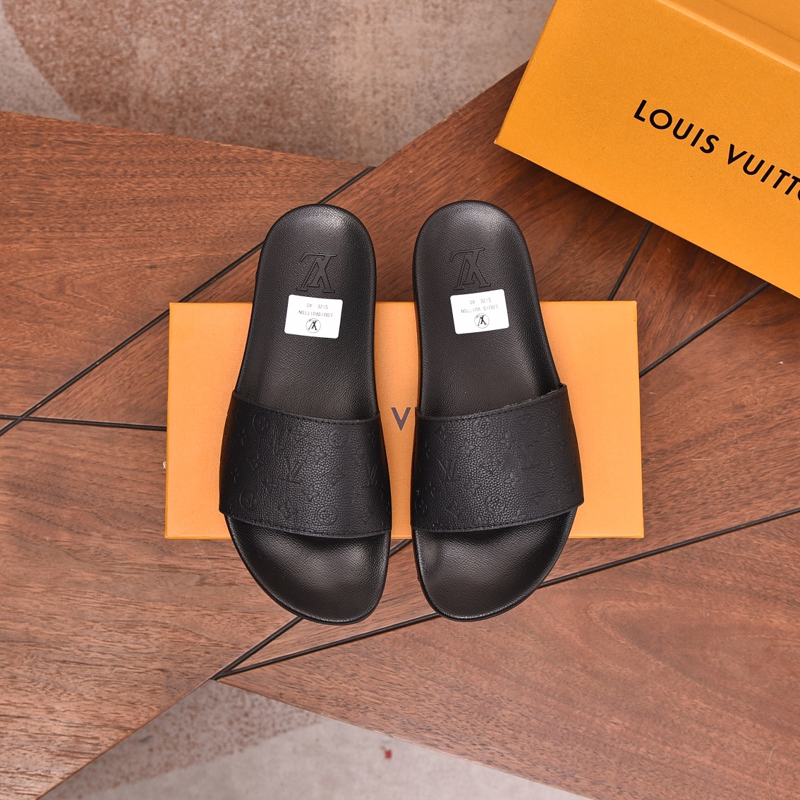 Louis Vuitton Men's Black Embossed Leather Comfort Slide Sandals 1 Louis Vuitton Men's Black Embossed Leather Comfort Slide Sandals