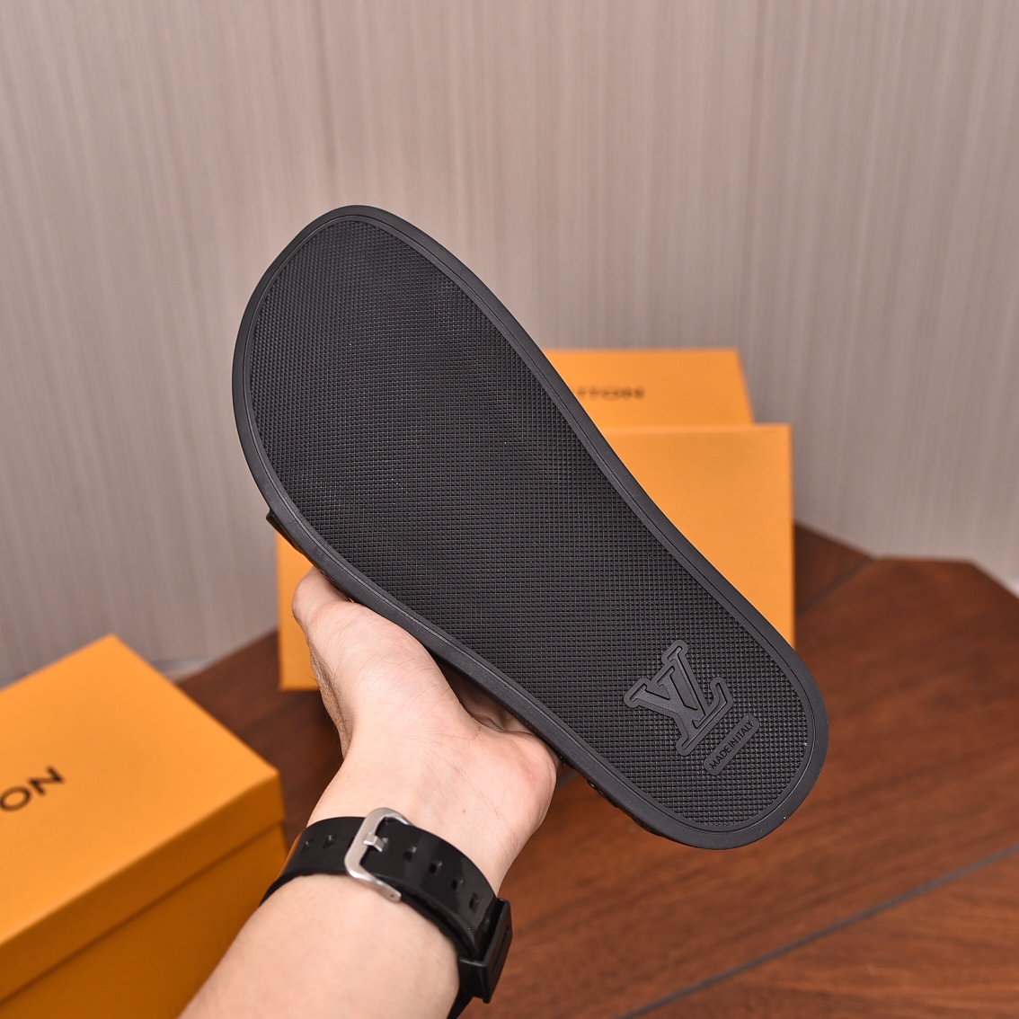 Louis Vuitton Men's Monogram Embossed Leather Slide Sandals - Comfortable 8 i1708100163 4954 0