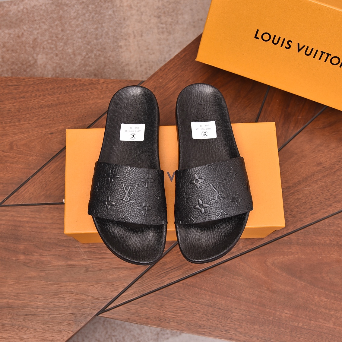 Louis Vuitton Men's Monogram Embossed Leather Slide Sandals - Comfortable 1 Louis Vuitton Men's Monogram Embossed Leather Slide Sandals - Comfortable