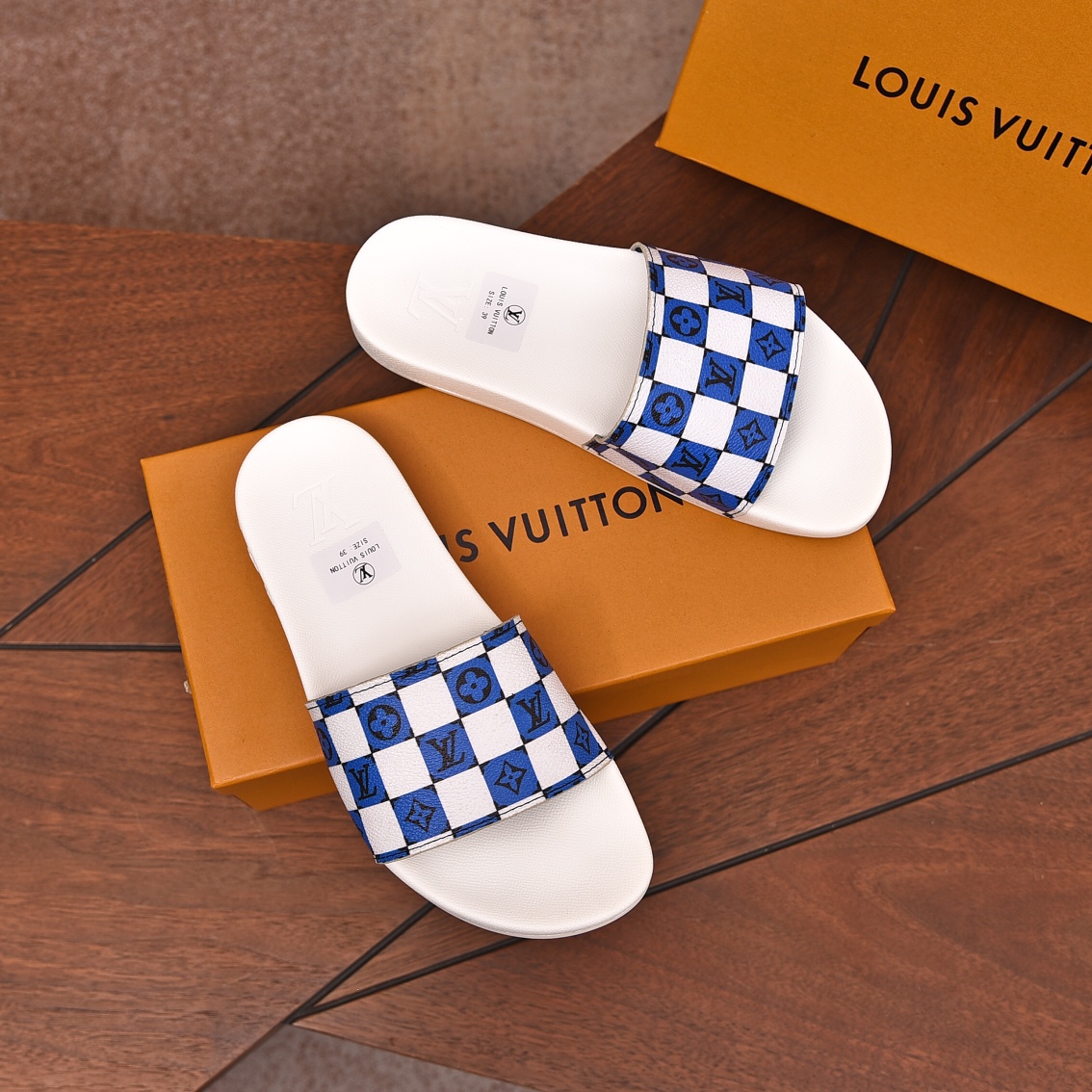 Louis Vuitton Men's Blue & White Checkered Slide Sandals, Sizes 35-46 4 i1708100690 2223 3