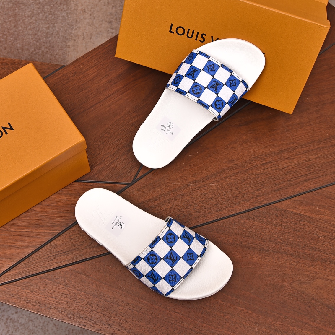 Louis Vuitton Men's Blue & White Checkered Slide Sandals, Sizes 35-46 5 i1708100690 3687 4