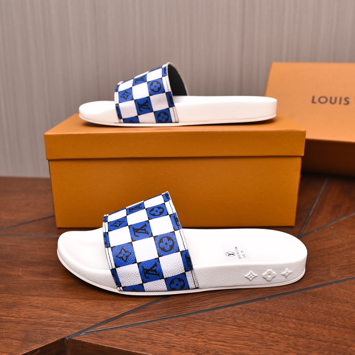 Louis Vuitton Men's Blue & White Checkered Slide Sandals, Sizes 35-46 7 i1708100690 4105 5
