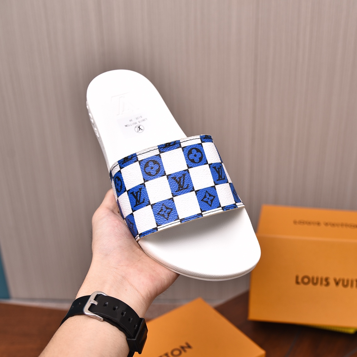 Louis Vuitton Men's Blue & White Checkered Slide Sandals, Sizes 35-46 9 i1708100690 4652 7