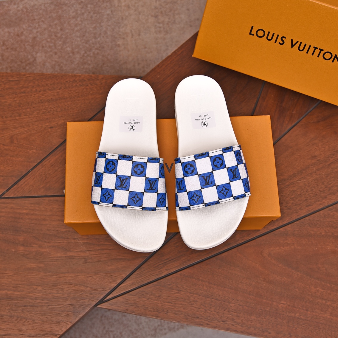 Louis Vuitton Men's Blue & White Checkered Slide Sandals, Sizes 35-46 1 Louis Vuitton Men's Blue & White Checkered Slide Sandals, Sizes 35-46