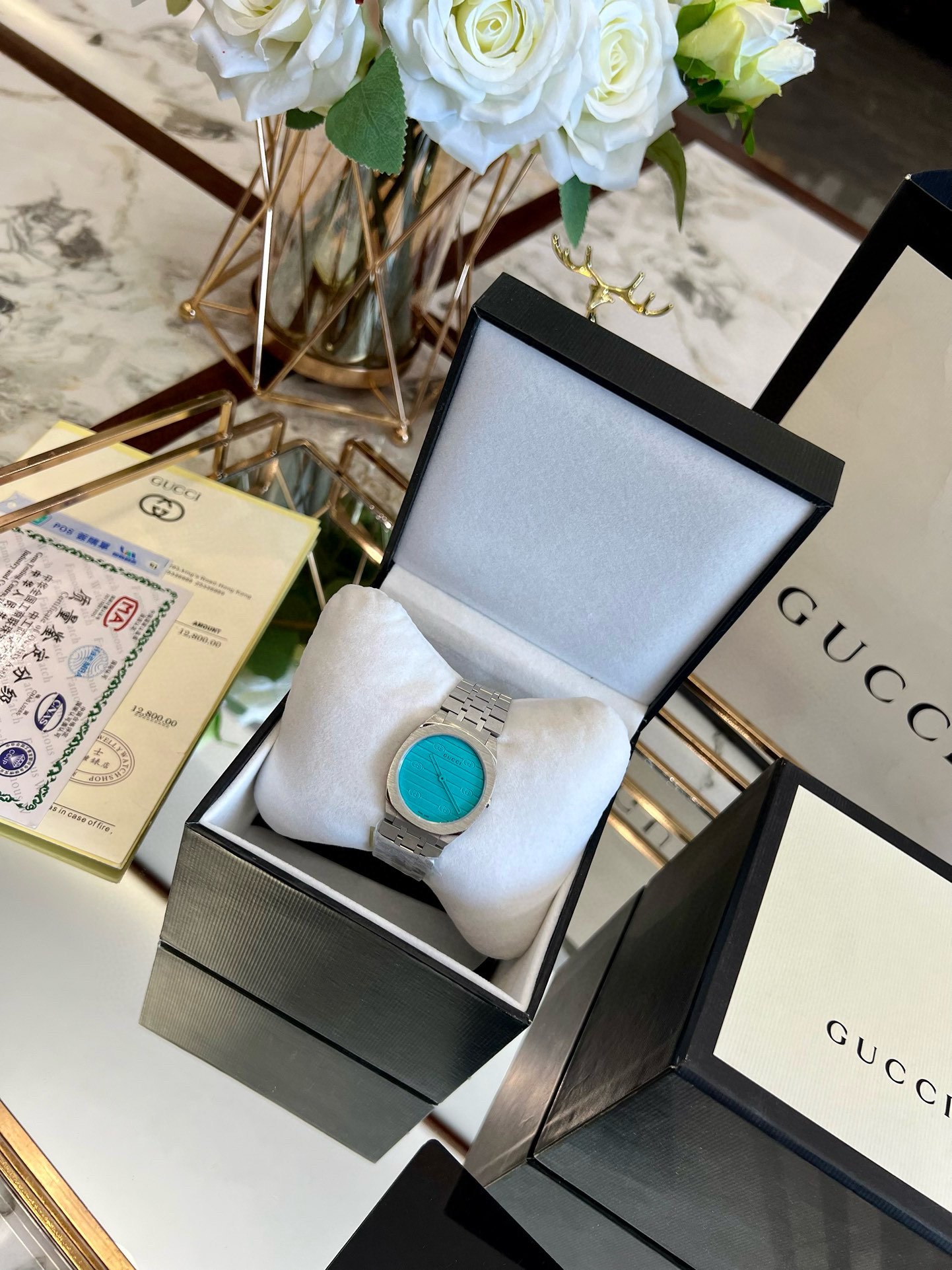 Gucci Women's Watch | Stainless Steel Band, Turquoise Dial, 30mm