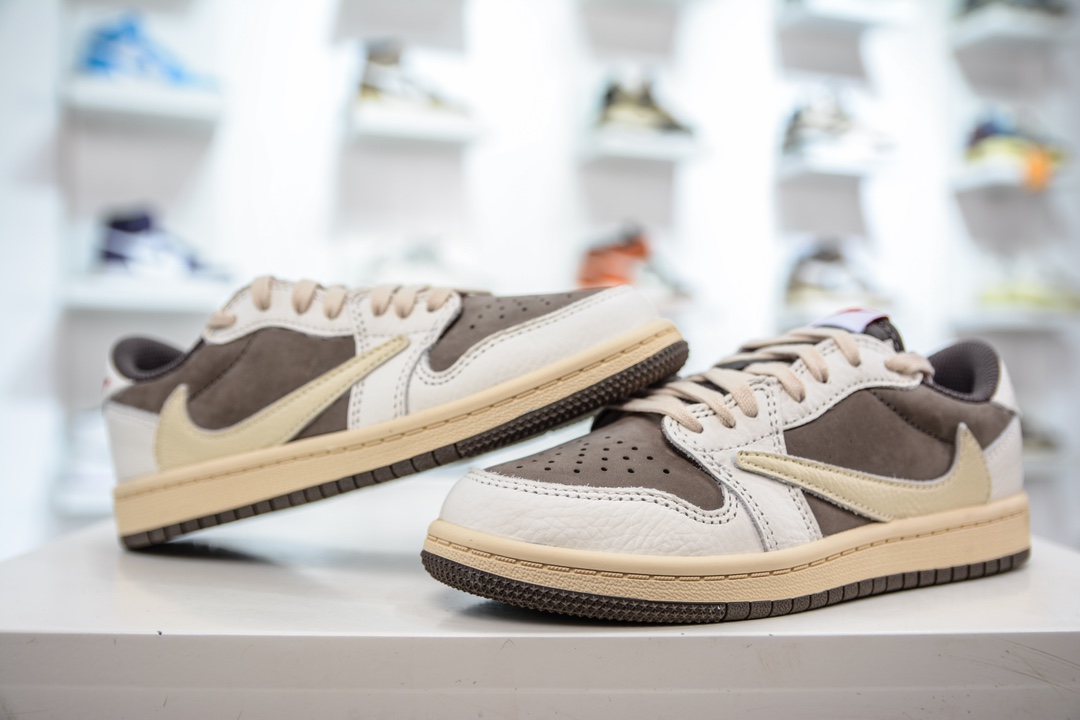 260 F版纯原 Travis Scott x Air Jordan AJ1 Low OG TS联名白棕倒钩低帮中童童鞋 DO5442-162