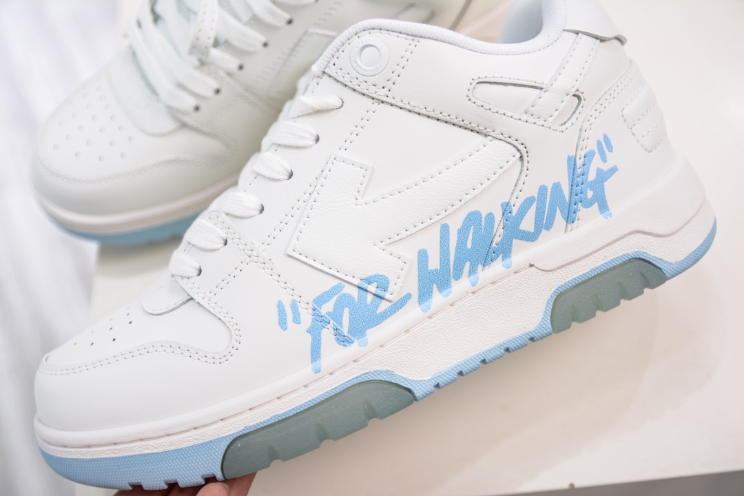 Designer independent brand Off-White c/o Virgil Abloh Out Of Office Low-top Leather Sneakers ¡±OOO¡± series low-top sneakers ¡±leather white light blue letter graffiti arrow¡±