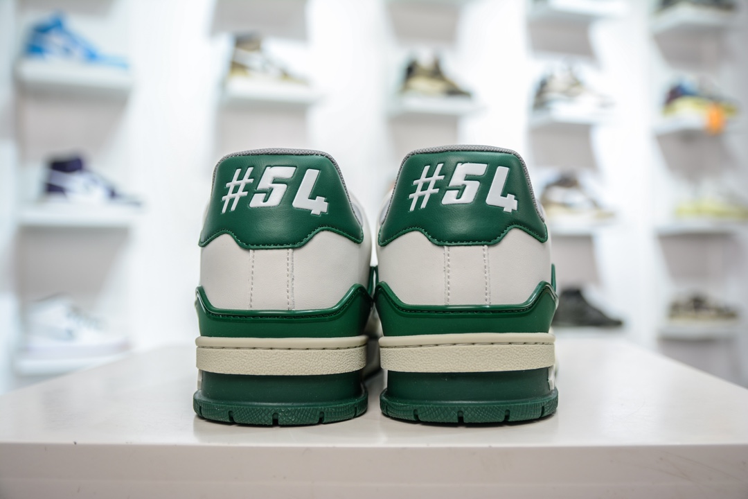 PB version of the original Louis Vuitton Trainer lv fashion show sneakers in off-white and green