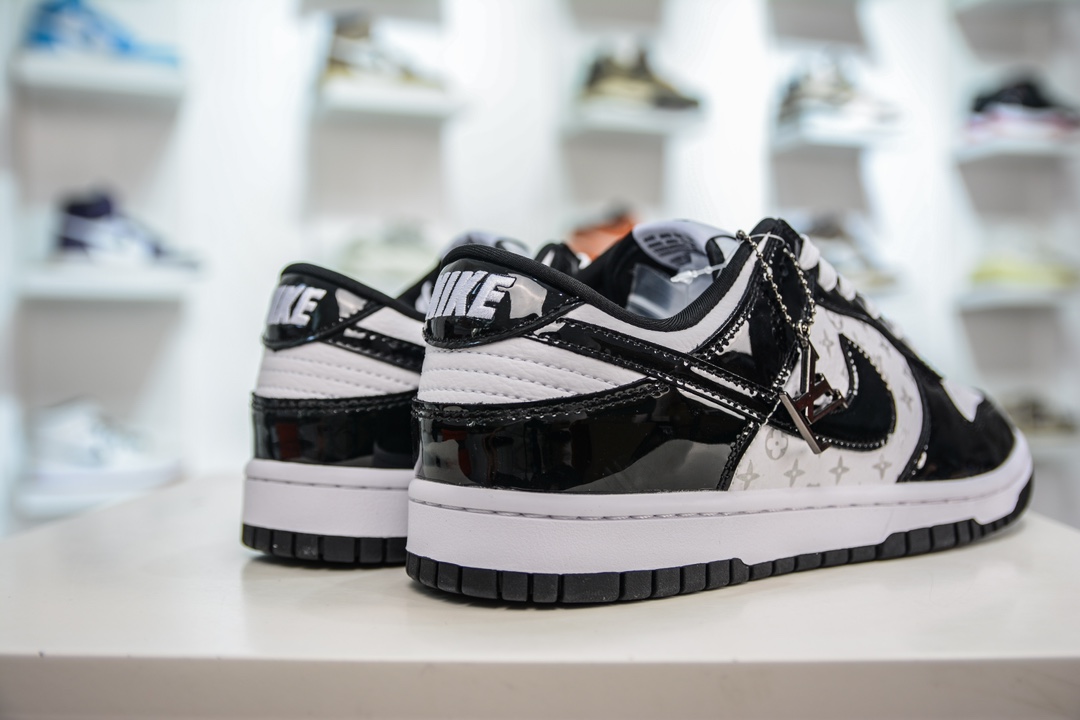 LV x Nike Dunk Low Patent Leather Black Hook Print DQ1098-358