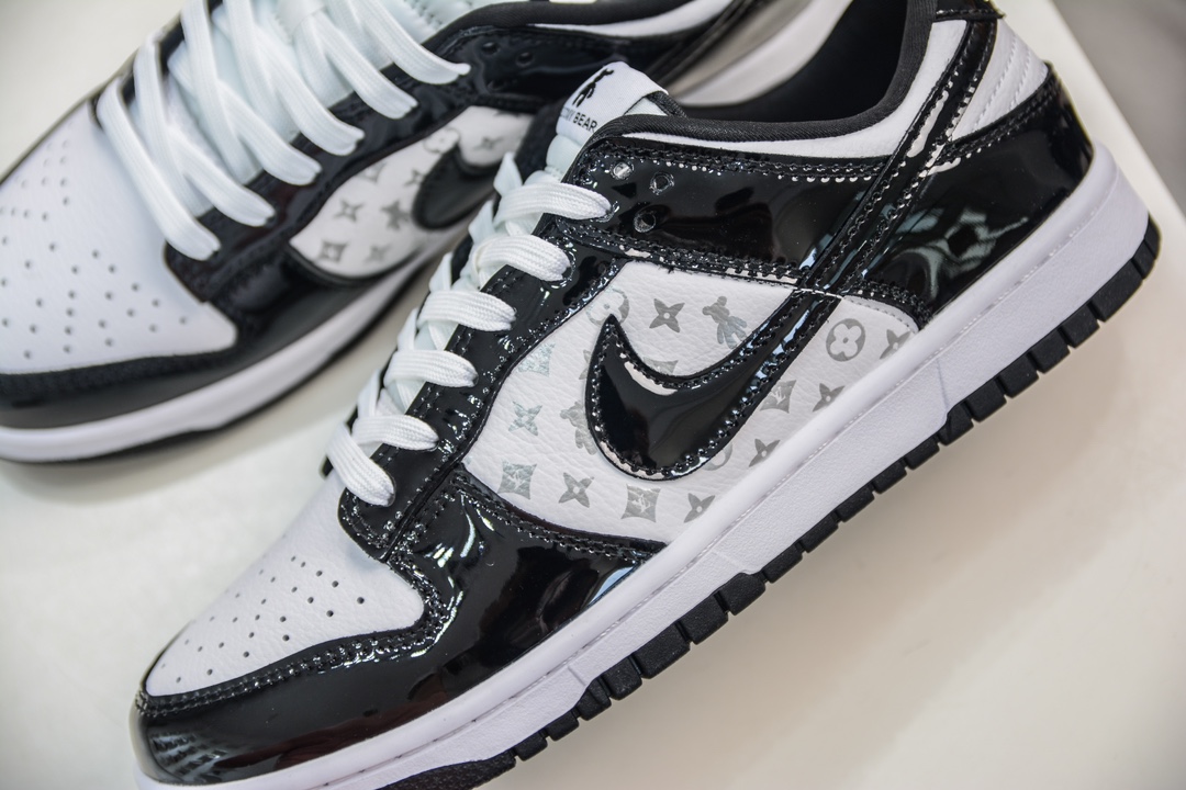 LV x Nike Dunk Low Patent Leather Black Hook Print DQ1098-358