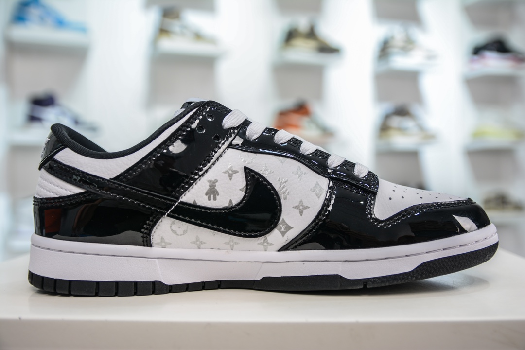 LV x Nike Dunk Low Patent Leather Black Hook Print DQ1098-358