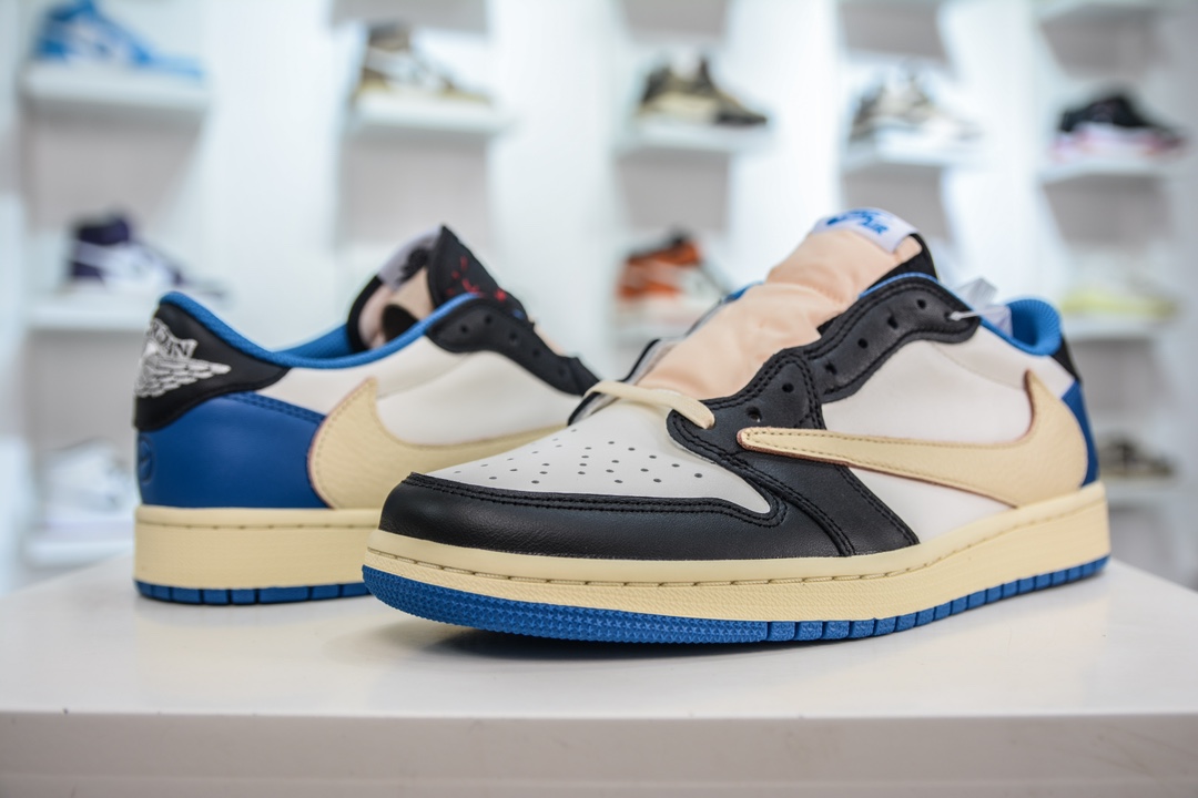DG2.0 pure original Travis Scott x Fragment Design x Air Jordan AJ1 Low OG SP three-party joint lightning hook 2.0 low-top white, blue and black DM7866-140