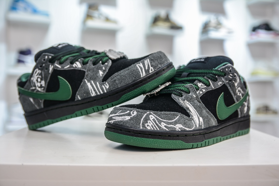350 TOP纯原 There Skateboards x Nike Dunk SB 防滑耐磨低帮黑绿 HF7743-001