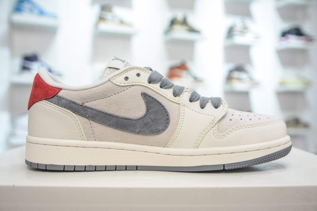 TS x Air Jordan AJ1 Low 倒钩低帮联名定制配色 米灰红 XY2688-103