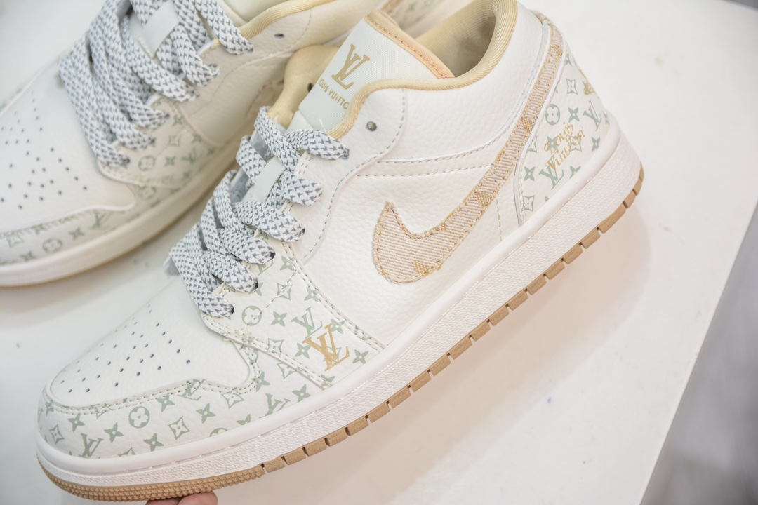 LV x Air Jordan AJ1 Low 低帮联名定制配色 米白黄帆布 SJ9950-004