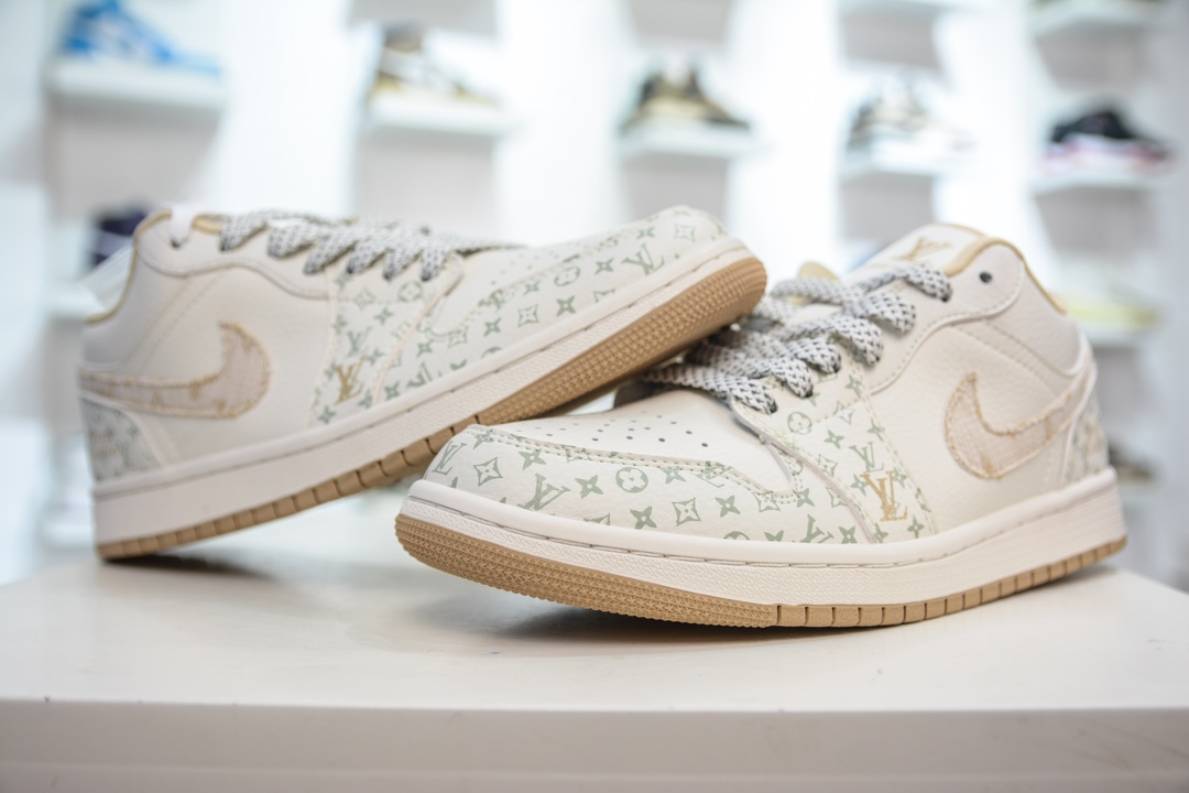 LV x Air Jordan AJ1 Low 低帮联名定制配色 米白黄帆布 SJ9950-004