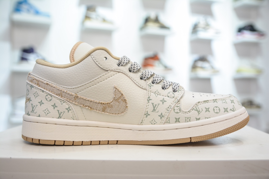 LV x Air Jordan AJ1 Low 低帮联名定制配色 米白黄帆布 SJ9950-004