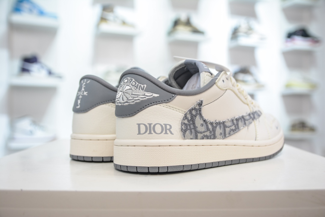 TS x Air Jordan AJ1 Low x Dior 倒钩低帮联名定制配色 米白灰纹勾 DM6688-603