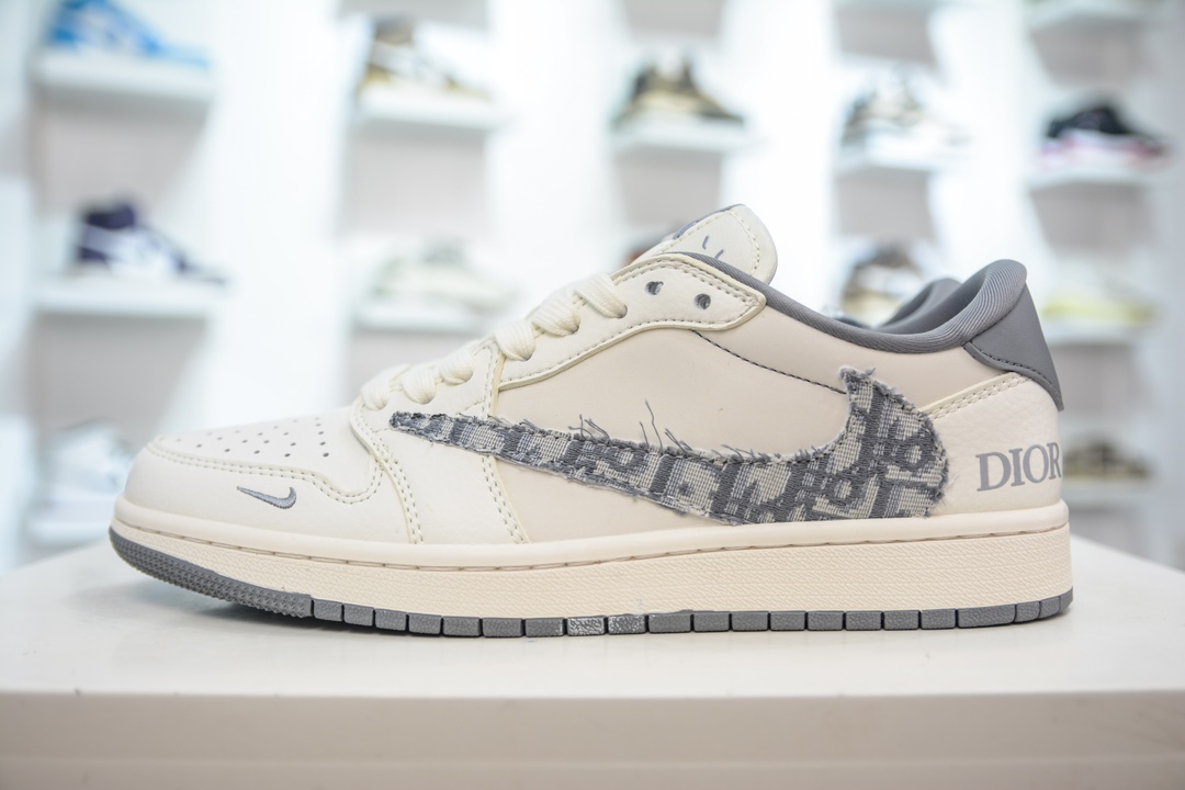 TS x Air Jordan AJ1 Low x Dior 倒钩低帮联名定制配色 米白灰纹勾 DM6688-603