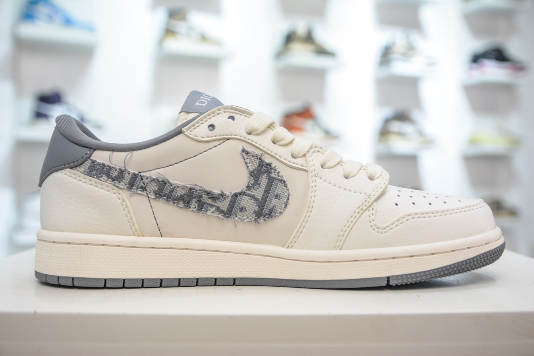 TS x Air Jordan AJ1 Low x Dior 倒钩低帮联名定制配色 米白灰纹勾 DM6688-603