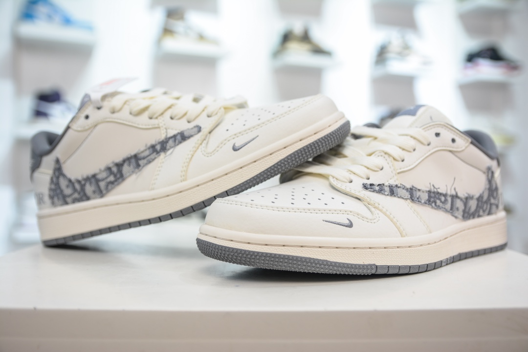 TS x Air Jordan AJ1 Low x Dior 倒钩低帮联名定制配色 米白灰纹勾 DM6688-603