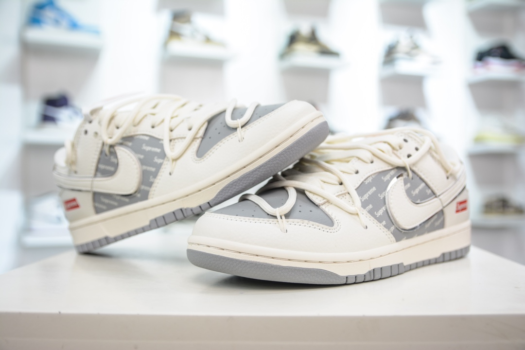 Nike SB Dunk Low x Supreme 联名解构抽绳鞋带米白灰 JJ5688-106