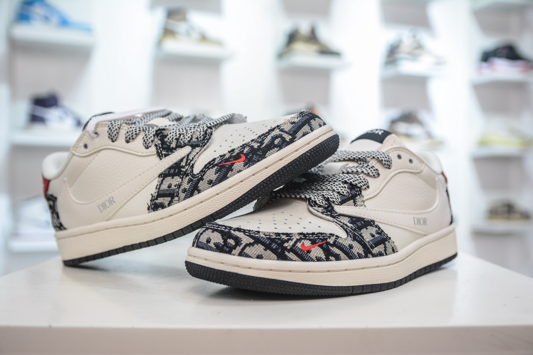 TS x Air Jordan AJ1 Low x Dior 倒钩低帮联名定制配色 米深蓝针织 XY2688-108