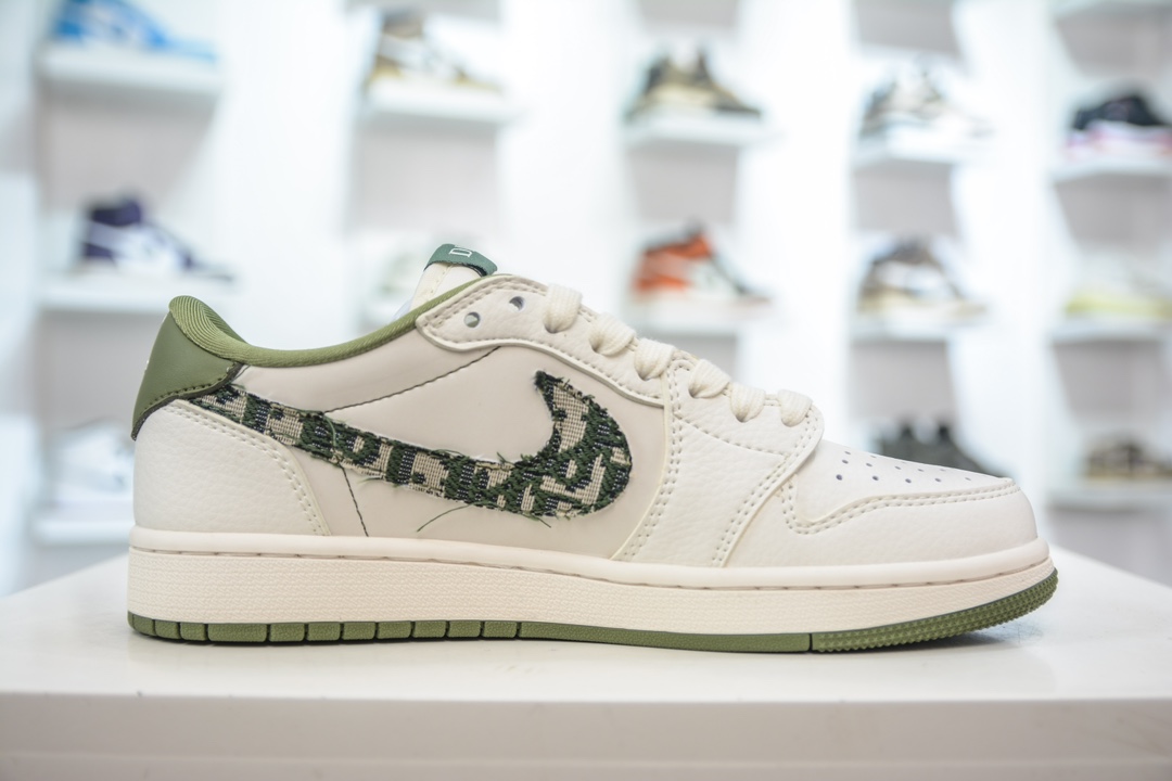 TS x Air Jordan AJ1 Low x Dior 倒钩低帮联名定制配色 米白绿纹勾 DM6688-605