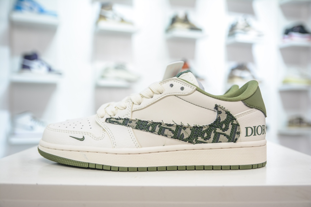 TS x Air Jordan AJ1 Low x Dior 倒钩低帮联名定制配色 米白绿纹勾 DM6688-605