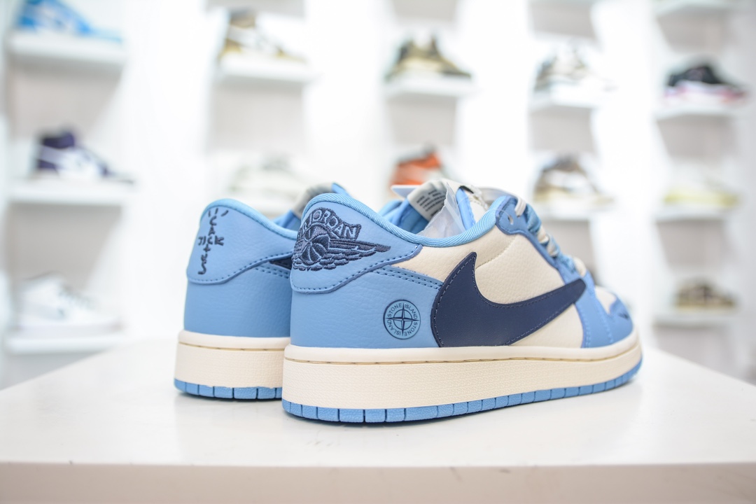 TS x Air Jordan AJ1 Low x x 石头岛 三方联名 黑勾大学蓝倒钩低帮联名定制配色 JJ5288-009