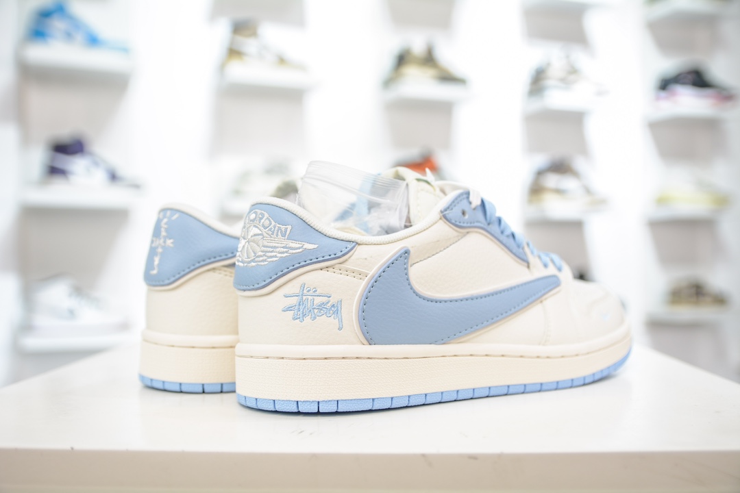 TS x Air Jordan AJ1 Low X Stussy 倒钩低帮联名斯图西定制配色 米白浅蓝  DM6688-609