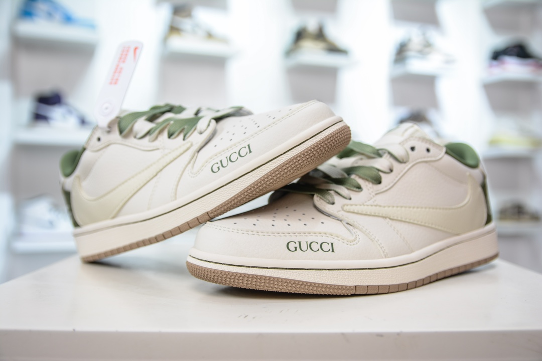 TS x Air Jordan AJ1 Low x Gucci 倒钩低帮联名定制配色 米绿卡其  XY2688-105