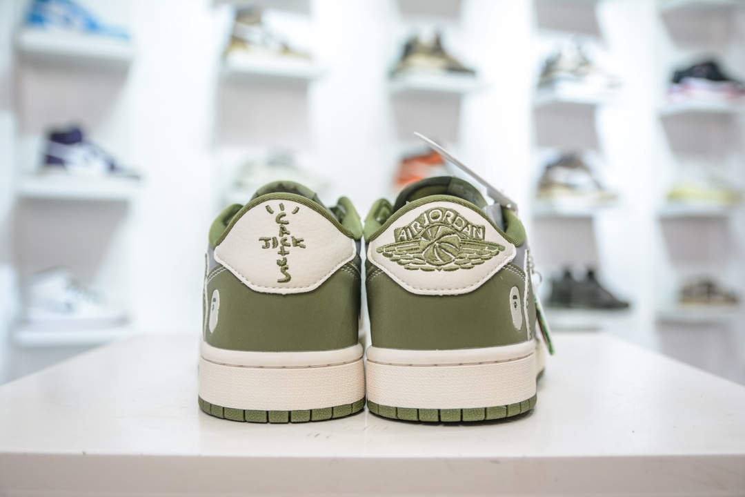 TS x Air Jordan AJ1 Low x BAPE 倒钩低帮联名Bape猿人头定制配色 米白灰绿  BB6511-621